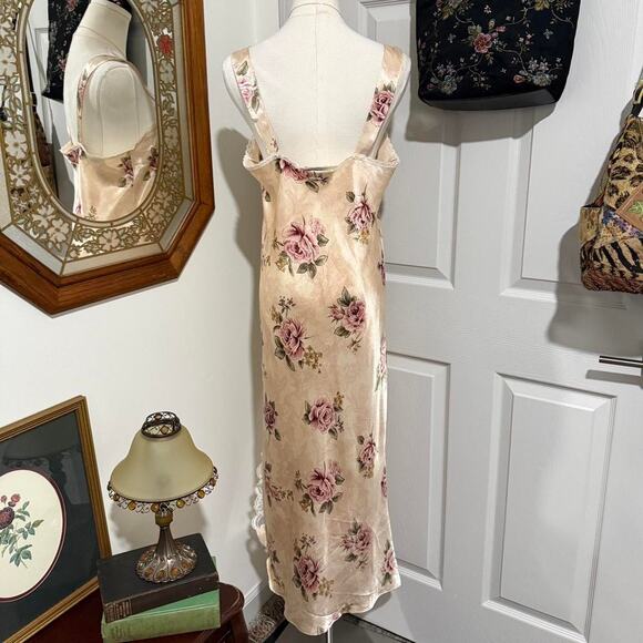 VTG 90s California Dynasty Beige & Pink Floral Satin Lace Rosette Maxi Slip M - Picture 6 of 8